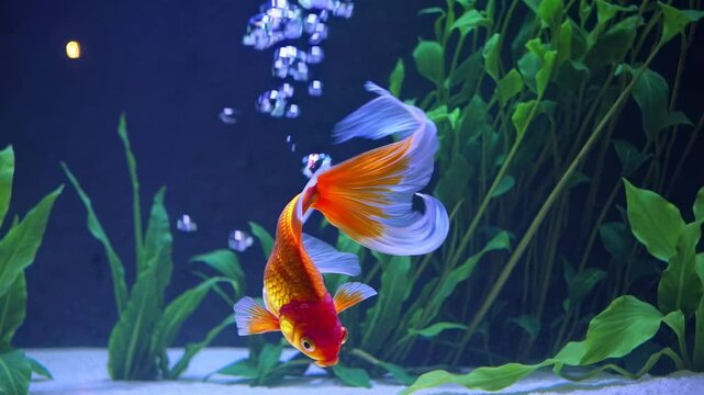A vibrant goldfish swims in an aquarium, captured from a side angle. The video showcases vivid colors and bubbles, with lush green plants in the background.