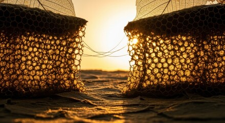 Close Up of Honeycombs and Bees with Sunset Lighting in Natural Environment