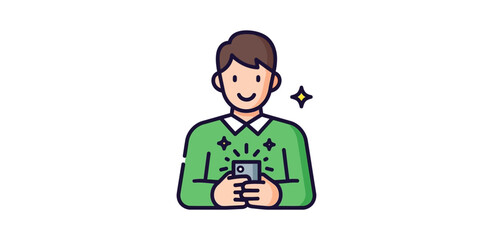 Man using smartphone smiling sparkling screen reflection in a bright green sweater perfect for illustrating digital connection and mobile app use.