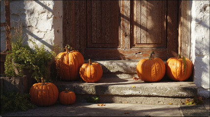 Colorful pumpkins decorate a doorstep for Halloween celebration in a cozy autumn setting