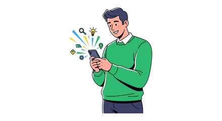 Man using smartphone with app icons for mobile solutions showing connectivity and modern tech for advertisement and digital business ideas.