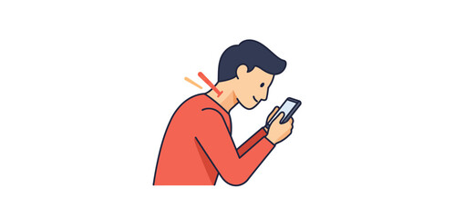 man using smartphone with neck pain browsing social media on a mobile device causing discomfort and bad posture suitable for health and wellness blogs.