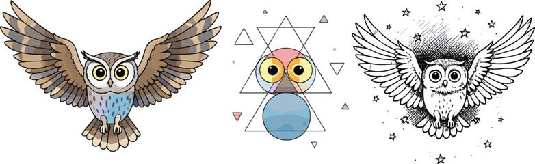 Cute owl illustration set with wings spread, geometric owl design, monochrome owl drawing, cartoon owl art, vector, tattoo