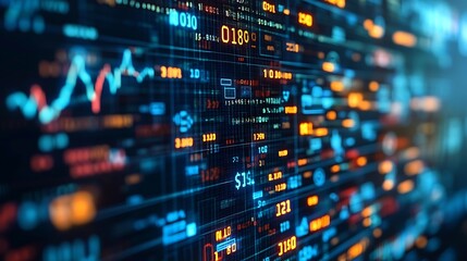Digital financial data display with stock market charts and numbers