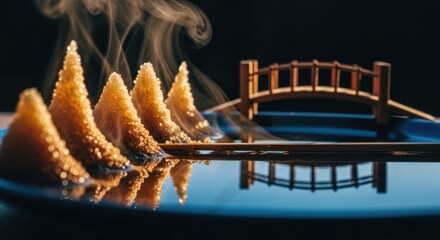 Burning Incense Cones with Smoke Near Small Wooden Bridge on Reflective Surface in Dark Background