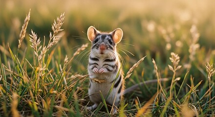 Adorable harvest mouse standing in the grass at golden hour looking up