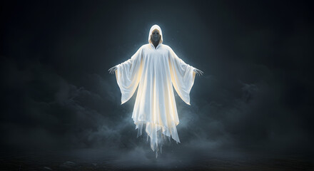 Ethereal figure floating in darkness