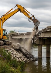 Robust excavator demolishing a concrete bridge near a flowing river
