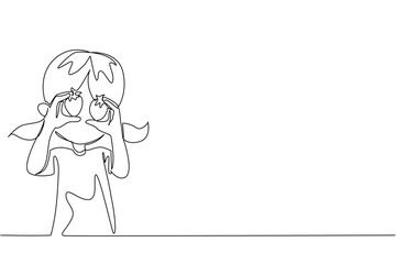 Single continuous line drawing a girl holds a strawberry in both hands and puts it in front of her eyes. Small but very refreshing. National Pick Strawberries Day. One line design vector illustration