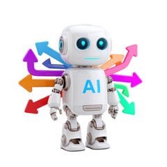 Naklejka premium AI Robot with Multi-Directional Arrows on Transparent Background