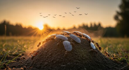 Ants on Soil Mound During Sunset with Flying Birds in Background