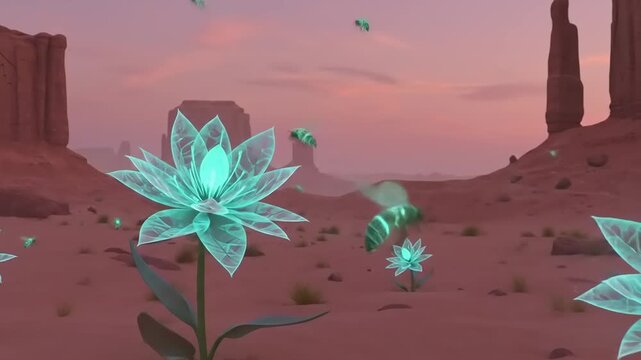 Ethereal glowing flowers bloom in a desert landscape at sunset, surrounded by mystical insects