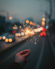 Childs hand holds a glowing sparkler at twilight in the city glow
