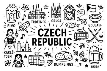 Czech Republic culture doodle icons with food, beer, landmarks and folk traditions, Transparent Background