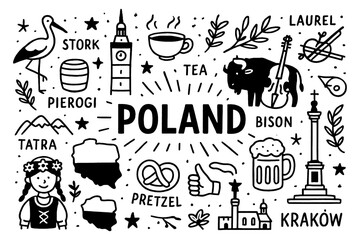 Poland culture doodle icons with traditional food, landmarks, highlanders and national symbols, Transparent Background