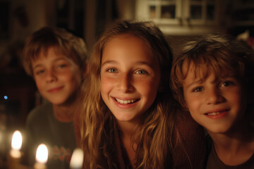 Family gathers joyfully to light menorah and celebrate together during Hanukkah