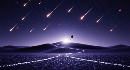 Night Sky with Shooting Stars and Lunar Landscape in Dark Blue and Purple Tones