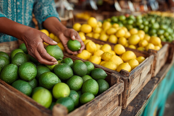 Hands carefully selecting fresh lemons and limes at a vibrant market stall