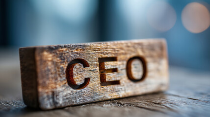 Close up of CEO nameplate resting on an elegant wooden desk indoors