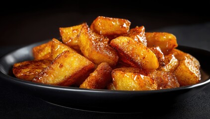 Glazed potato wedges on black plate, dark backdrop