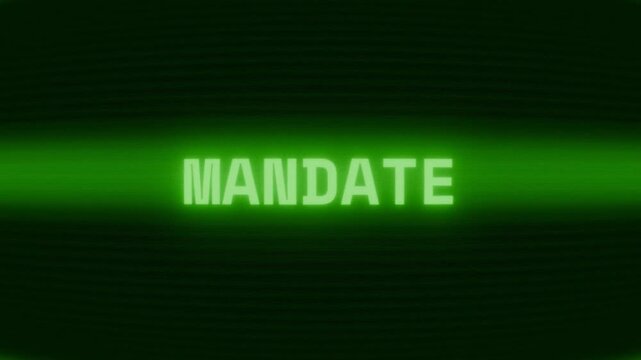 Old green CRT screen showing text MANDATE appearing in random glitch and coding style