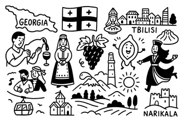 Georgia travel doodle set with Tbilisi landmarks, Caucasus mountains, khinkali dumplings, and wine culture, Transparent Background