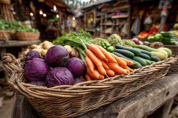 Fresh organic vegetables in a rustic straw basket at local market