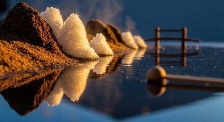 Serene Snow-covered Mountain Landscape Reflecting in Calm Water with Wooden Dock Sunset Scene