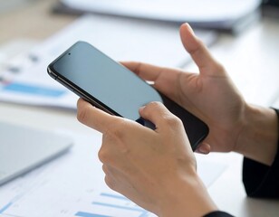 Close-up of hands holding a smartphone. Business documents and laptop in the background