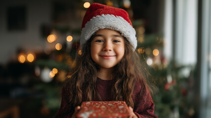 Joyful child in santa hat holding a gift during festive season