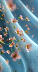 Pink blooms gently float against draped, soft blue fabric