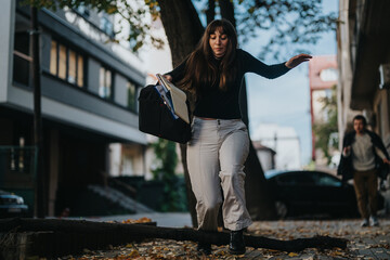 A determined woman balances cautiously on a wooden log outdoors, holding office documents. Urban...
