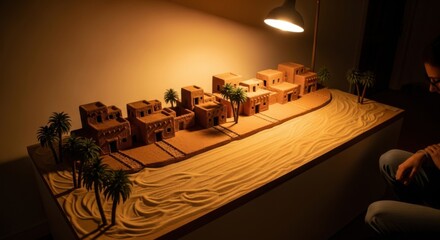 Detailed Desert Village Model with Palm Trees and Sand Dunes in Warm Lighting