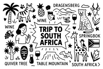 South Africa travel doodle set with Table Mountain, safari animals, wine, and Johannesburg icons, Transparent Background