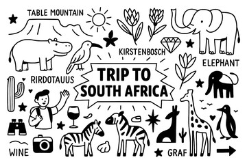 South Africa travel doodle set with Table Mountain, safari animals, wine, and Johannesburg icons, Transparent Background