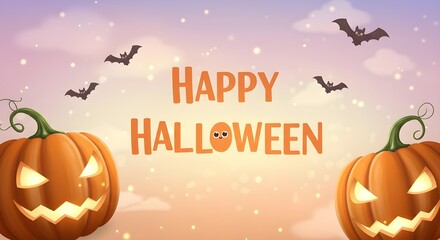 An orange and dark Halloween background with spooky pumpkins, bats, and a moon for your October night celebration illustration