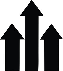 Three black upward pointing arrows of varying heights symbolizing growth progress success and upward momentum in business or finance