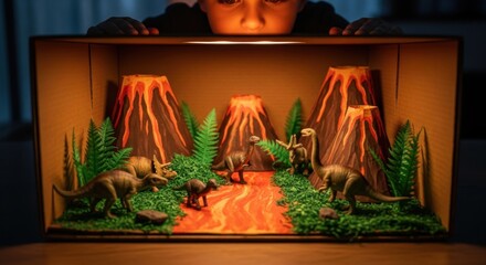 Child Looking at Dinosaur Diorama with Volcano Mountains and Green Foliage in Dark Room