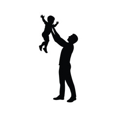 Black white silhouette joyfully lifting his child into the air