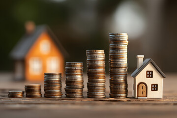 Large property tax calculation with stacks of coins and model house