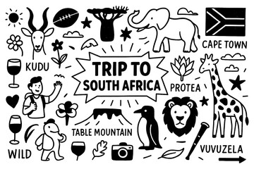 South Africa travel doodle set with Table Mountain, safari animals, wine, and Johannesburg icons, Transparent Background