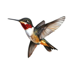 Detailed watercolor painting of a rubythroated hummingbird isolated on transparent background, showcasing its iridescent throat and dynamic wing position in midair