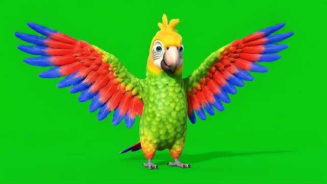 Animated  A vibrant cartoon parrot with outstretched wings, showcasing its colorful plumage against a green screen background.