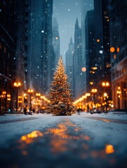 Festive Christmas Tree in Snowy City Street at Night