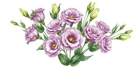 Purple Lisianthus Flowers Bouquet with Green Leaves on Transparent Background