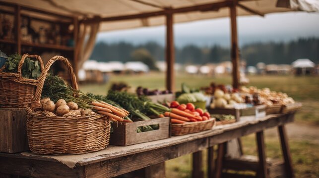 Medium frame of a cozy rural popup market stall featuring fresh produce the vendor in sharp clarity while the surrounding open field stays softly out of focus. - Powered by Adobe