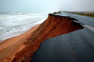 Coastal road succumbing to the relentless power of ocean erosion, highlighting the destructive...