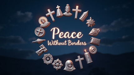 A collection of religious symbols encircling the words peace without borders, representing interfaith harmony, global unity, and the shared aspiration for peace among diverse religious traditions