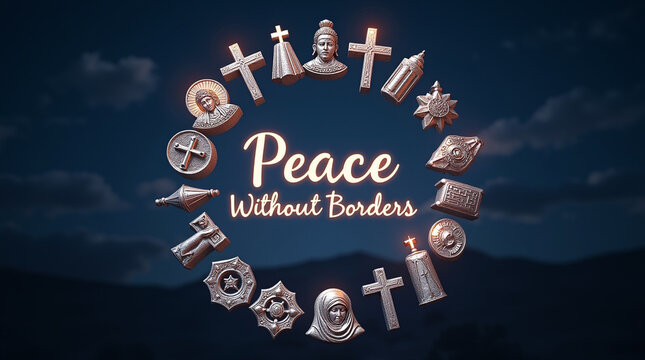 A collection of religious symbols encircling the words peace without borders, representing interfaith harmony, global unity, and the shared aspiration for peace among diverse religious traditions
