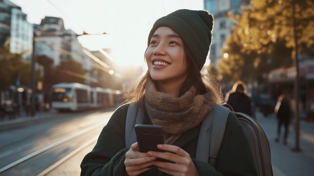 Young woman with a joyful expression, wearing a green beanie and scarf, is using a smartphone outdoors in a vibrant urban setting during sunset, capturing a moment of happiness